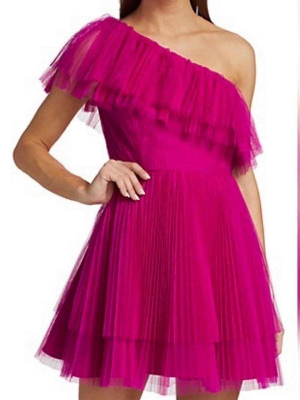 Monique Lhuillier Fuchsia One-Shoulder Tulle Mini Dress